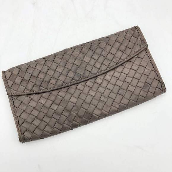 Brown Woven Leather Wallet Long Bi-Fold Italian - Picture 1 of 8